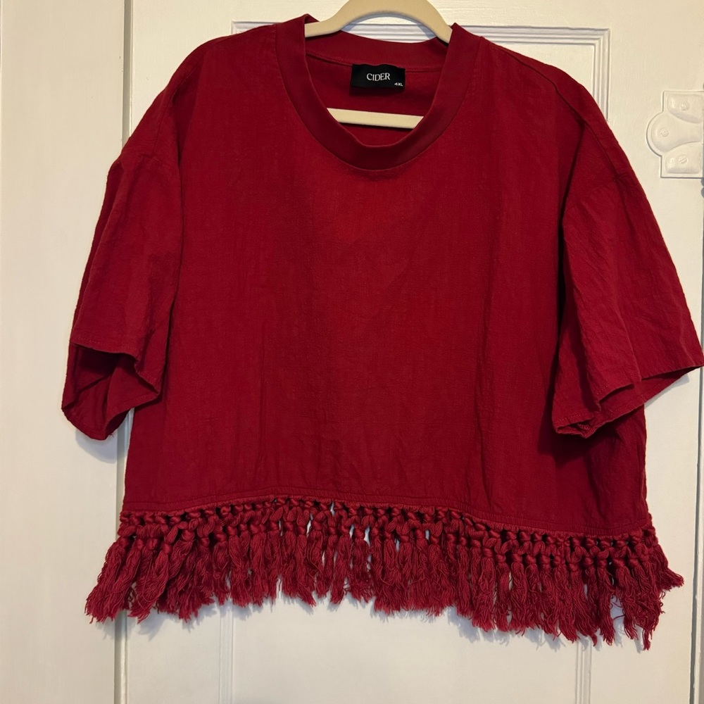 Cider Solid Round Neckline Tassel Boho Short Sleeve Top Curve In Wine Size 4X - Picture 4 of 6